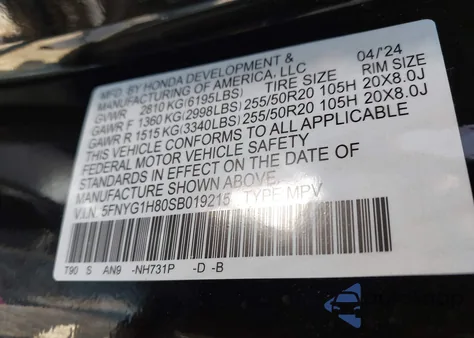 2025 Honda Pilot Elite from USA, damaged, VIN 5FNYG1H80SB019215